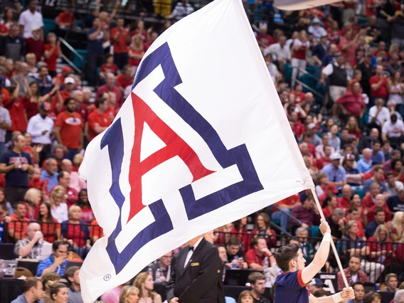 A white flag with a big red and blue A pictured in front of a crowd of students.