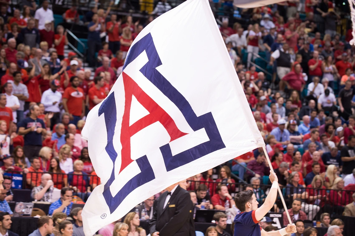 A white flag with a big red and blue A pictured in front of a crowd of students.